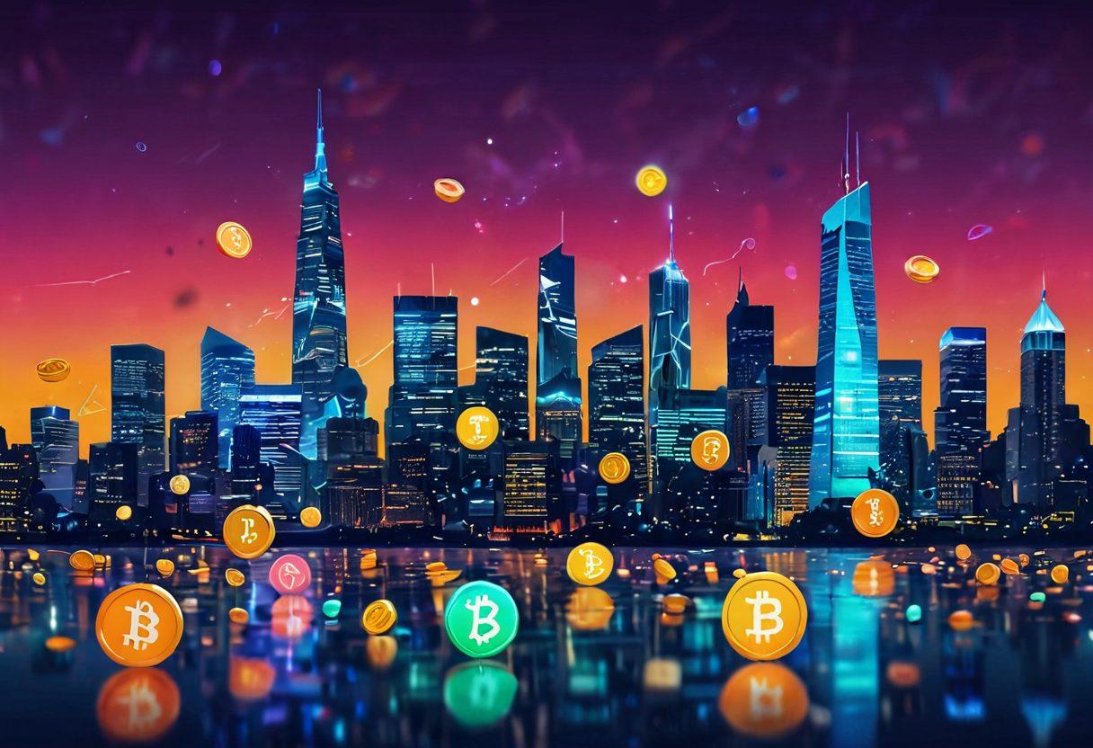 A vibrant and dynamic scene depicting a digital landscape filled with coins floating in the air, predominantly featuring the TrajanCoins logo. The background should illustrate a futuristic cityscape with glowing skyscrapers, symbolizing the fusion of happiness and technology. Include joyous people of diverse backgrounds interacting with digital devices, showcasing the connectivity and excitement of crypto investments. Bright colors and a sense of motion should dominate the image, reflecting the upbeat nature of the blog title. super-realistic. vibrant colors. futuristic theme.