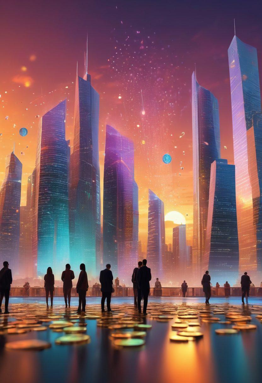 A dynamic scene illustrating a futuristic city skyline with digital coins raining down, depicting TrajanCoins glowing prominently. In the foreground, a diverse group of people engaged in discussions about cryptocurrency, with holographic graphs and financial data floating around them. The backdrop features modern architecture and a vibrant sunset casting a golden glow. super-realistic. vibrant colors. 3D.