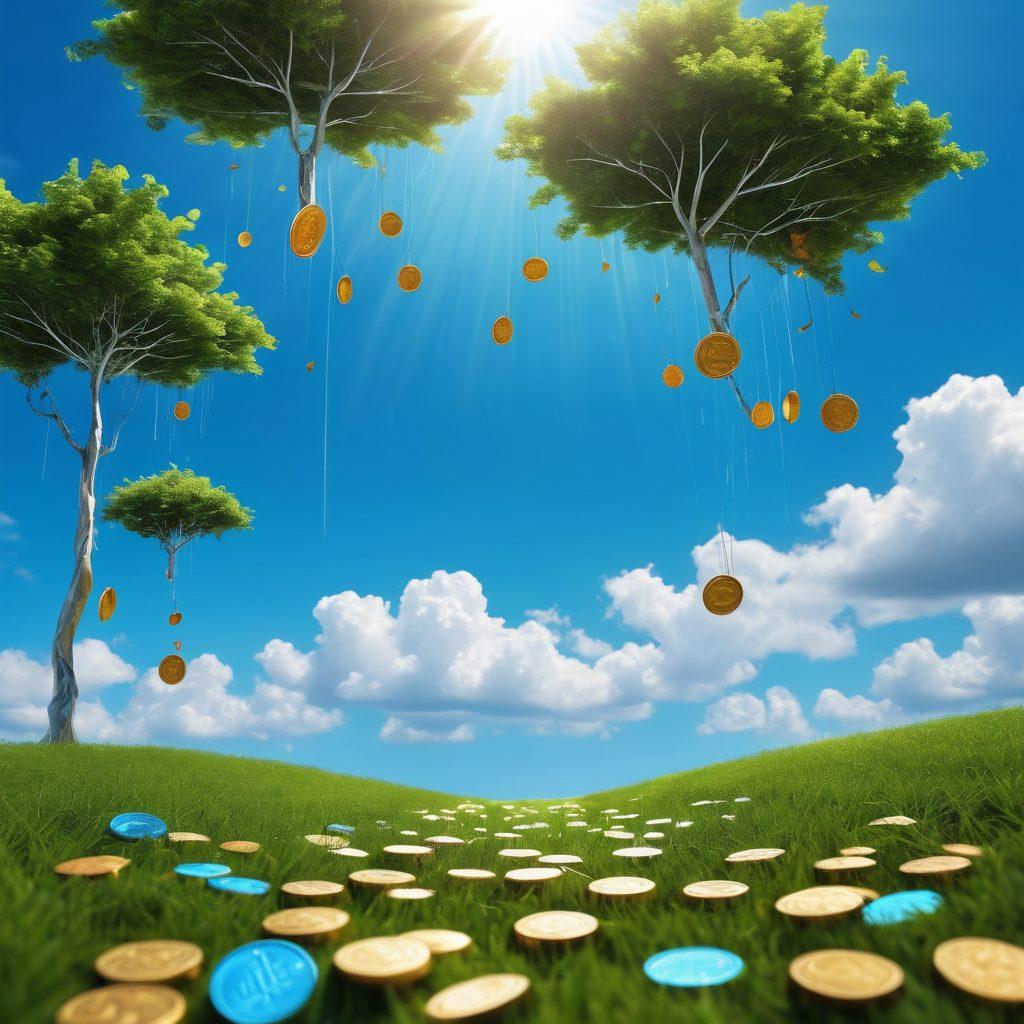 A whimsical landscape depicting a vibrant, sunny day filled with abstract coins flowing like a river, symbolizing TrajanCoins. Happy investors of diverse backgrounds gather around, with expressions of joy and hope. In the background, digital trees sprout from the ground, their leaves shaped like blockchain symbols, while a bright blue sky holds fluffy clouds shaped like upward graphs. Elements of technology seamlessly integrated into nature, representing harmony between finance and the environment. super-realistic. vibrant colors. digital art.